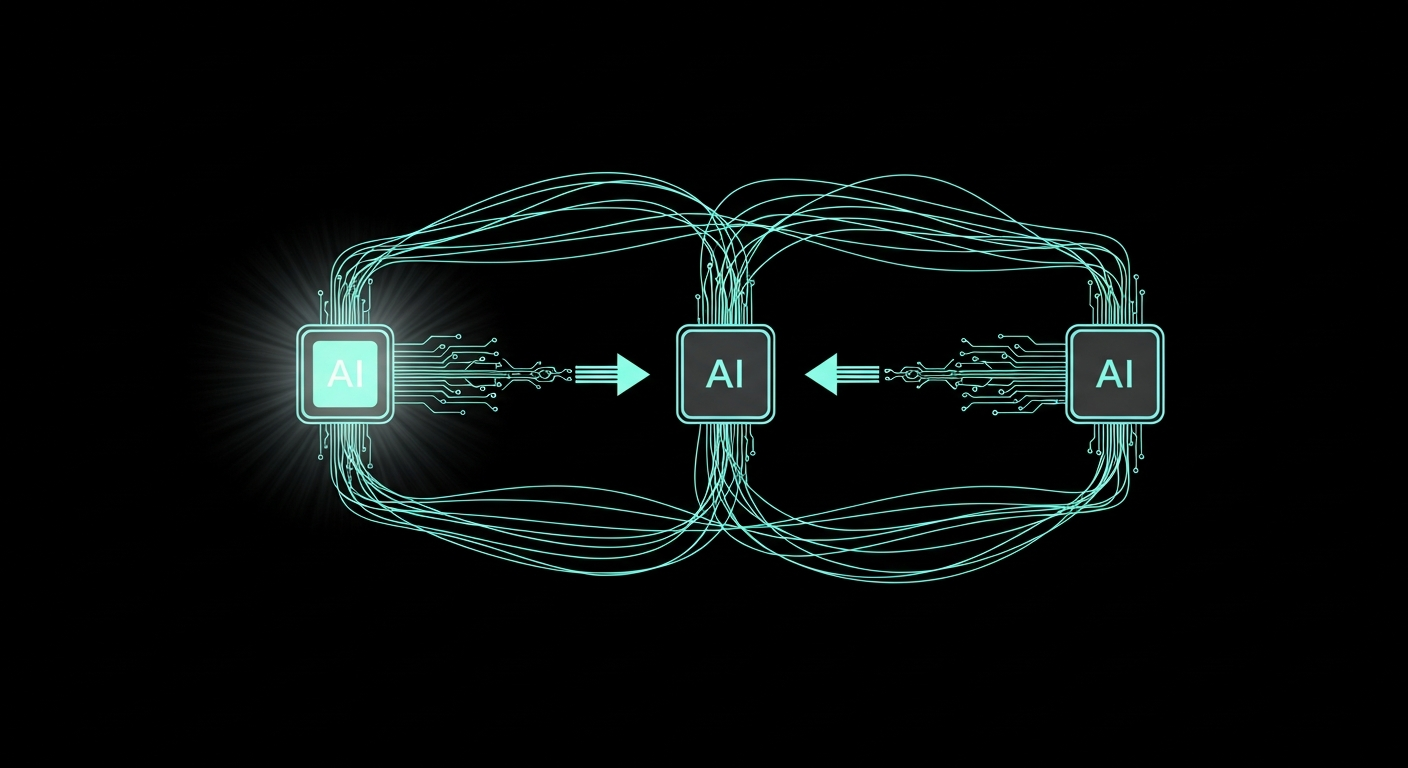 Three abstract AI agent modules connected by flowing mint-cyan data trails, passing a glowing context packet from left to right in a relay.