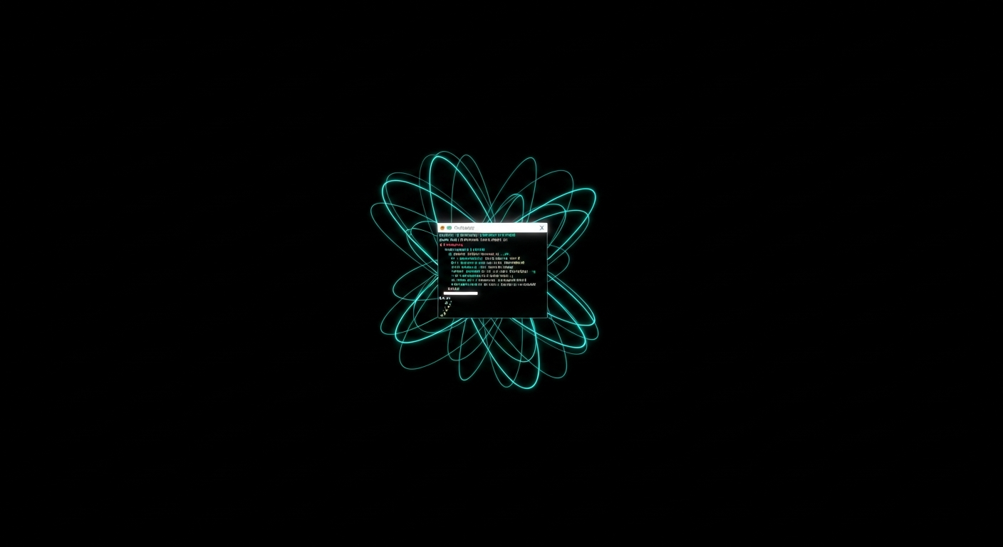 A single glowing terminal window at the center of orbiting mint-cyan threads, representing persistent context looping back into a developer's editor across sessions.
