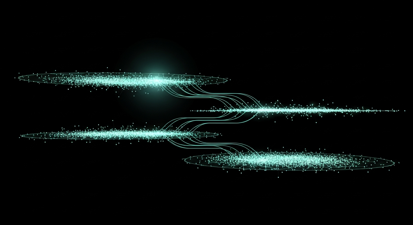 Three glowing horizontal layers of scattered data points and connecting threads in mint cyan, representing stacked experiment iterations and a model lineage tree.