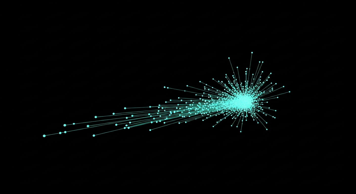An explosive constellation of mint-cyan nodes signifying startup velocity and compounding momentum.