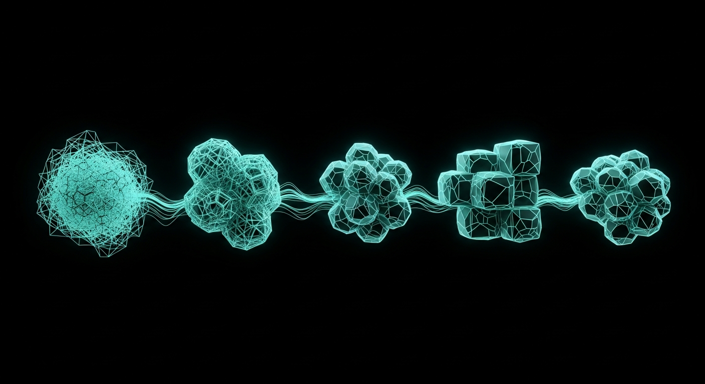 A horizontal progression of glowing mint-cyan geometric clusters, transitioning from tangled legacy wireframes on the left to clean modular cube formations on the right.