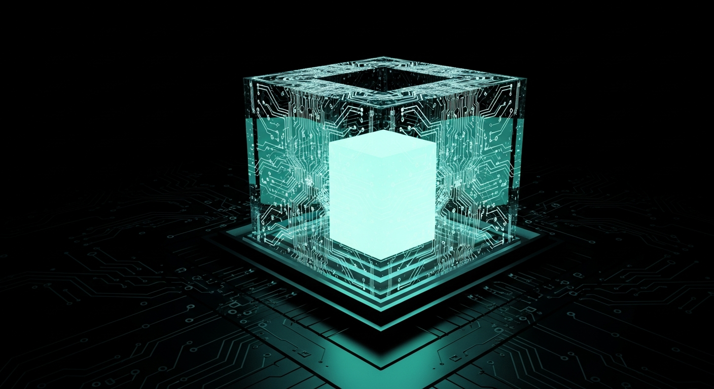 A glowing data core suspended inside concentric encrypted shells and circuit-pattern shields, representing isolated tenant memory under encryption.